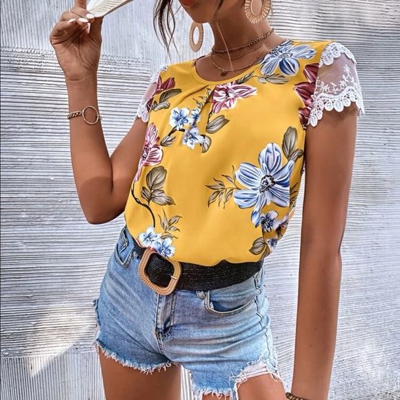 Boho floral print lace trim  blouse - Picture 5 of 6